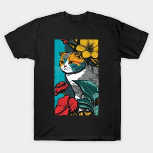 Scottish Fold Cat Vibrant Tropical Flower Tall Retro Vintage Digital Pop Art Portrait T-Shirt